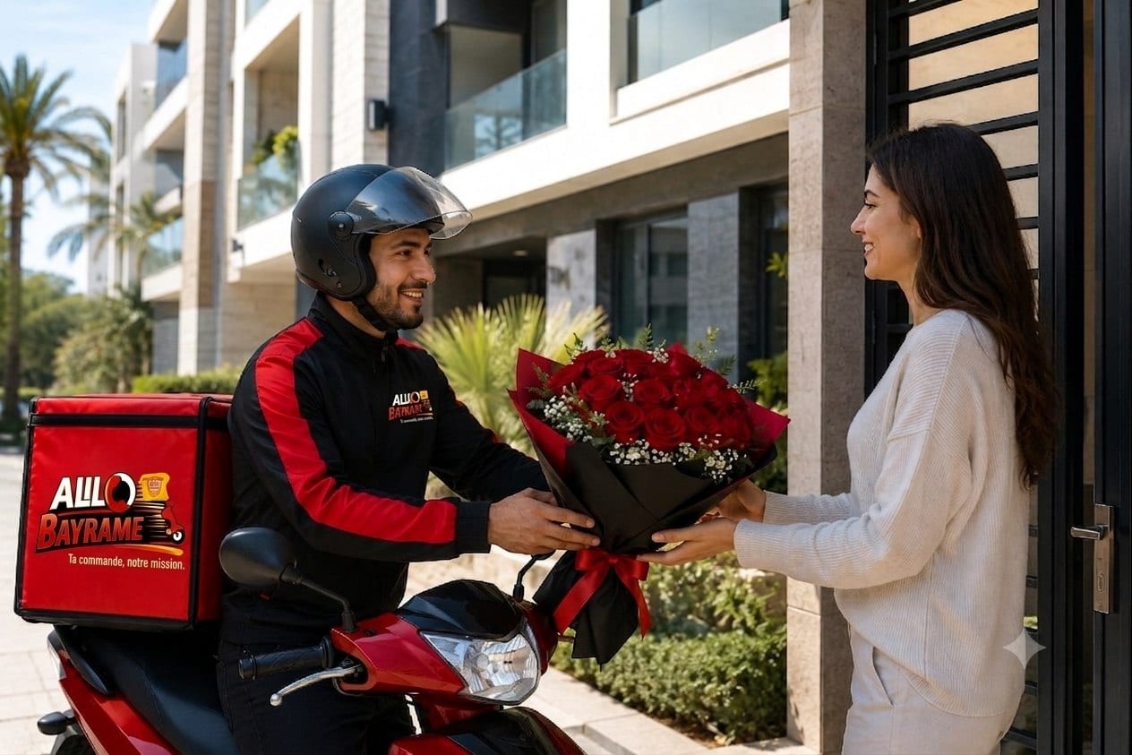 Livreur Allo Bayrame remettant un bouquet de fleurs à une cliente devant chez elle, à Marrakech